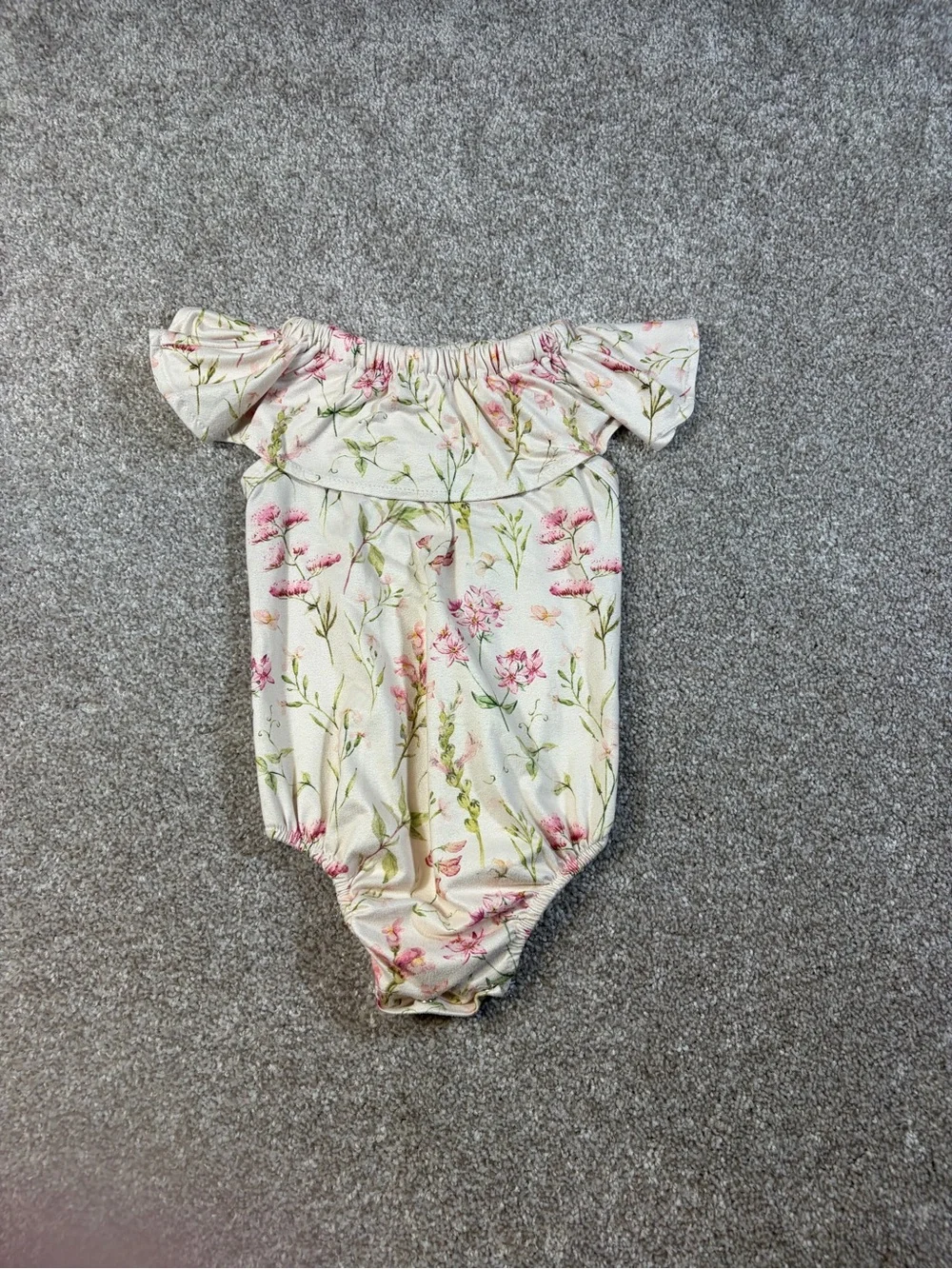 Baileys Blossoms Off-Shoulder Floral Baby Romper in Cream and Pink